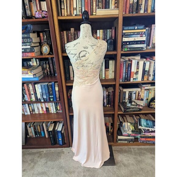 L'ATISTE petal pink one shoulder lace chiffon mesh maxi gown sz m nwt - Picture 3 of 6